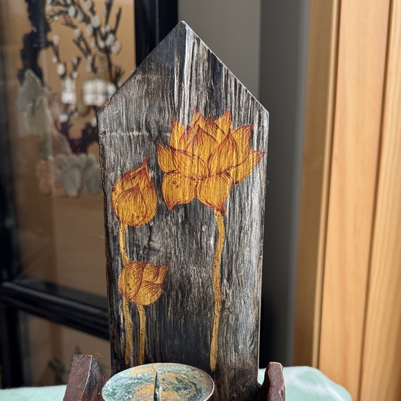 Vintage Rustic Wooden Candle Holders with Buddha and Lotus Design - Picture 4 of 10